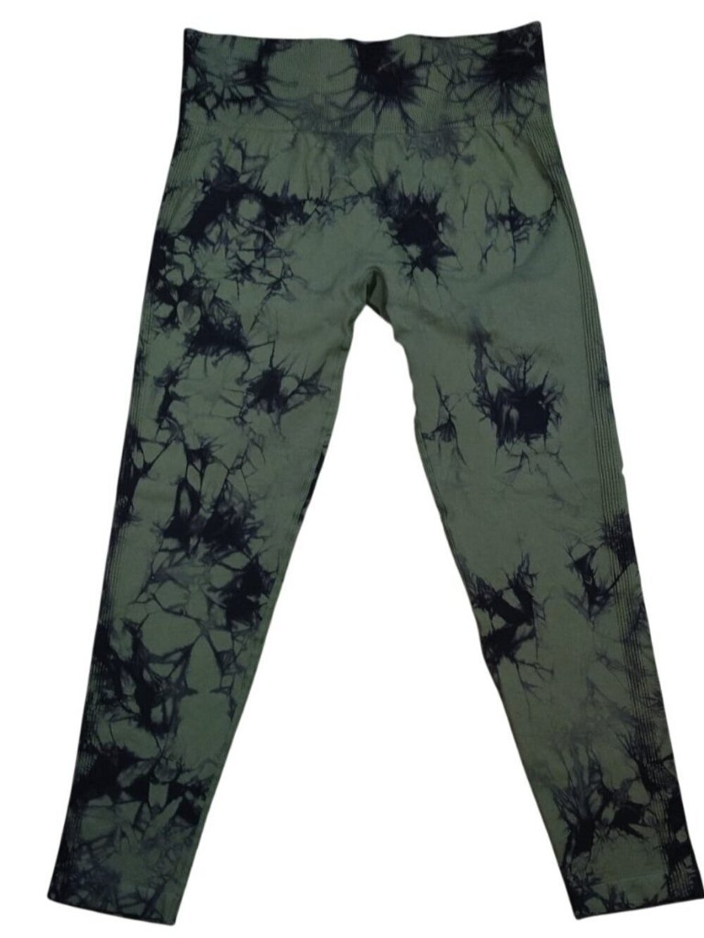 Women High Waisted Leggings XL Green Black Tie Dye Stretch Activewear.